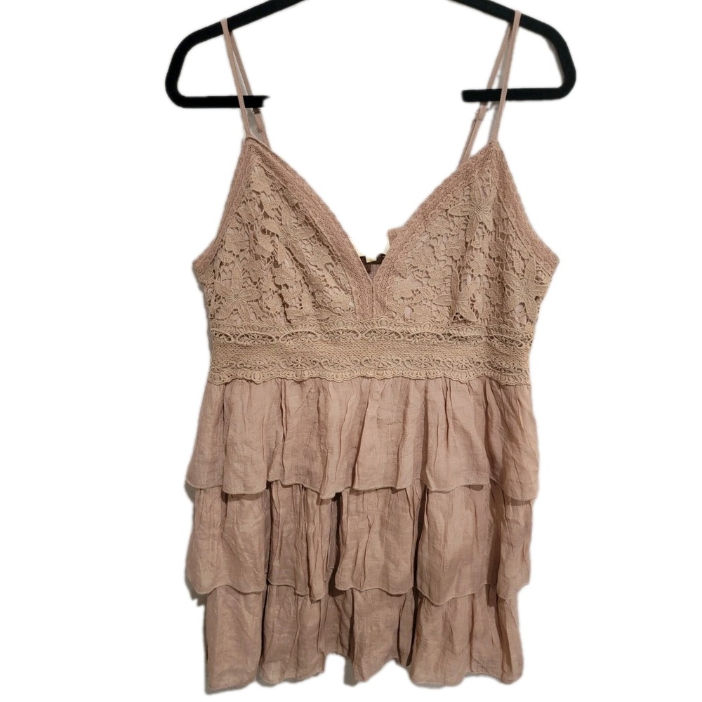 Rebellion Again Boho Lace Tiered Ruffle Mini Dress‎ Mauve Pink Babydoll XL